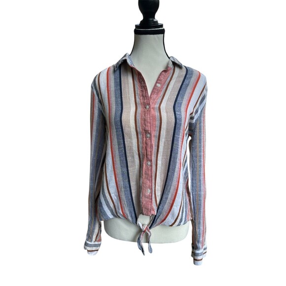 HARPER Linen Striped Button Up Tie Front Roll Cuff Sleeve Top Women's Size S - Picture 1 of 6